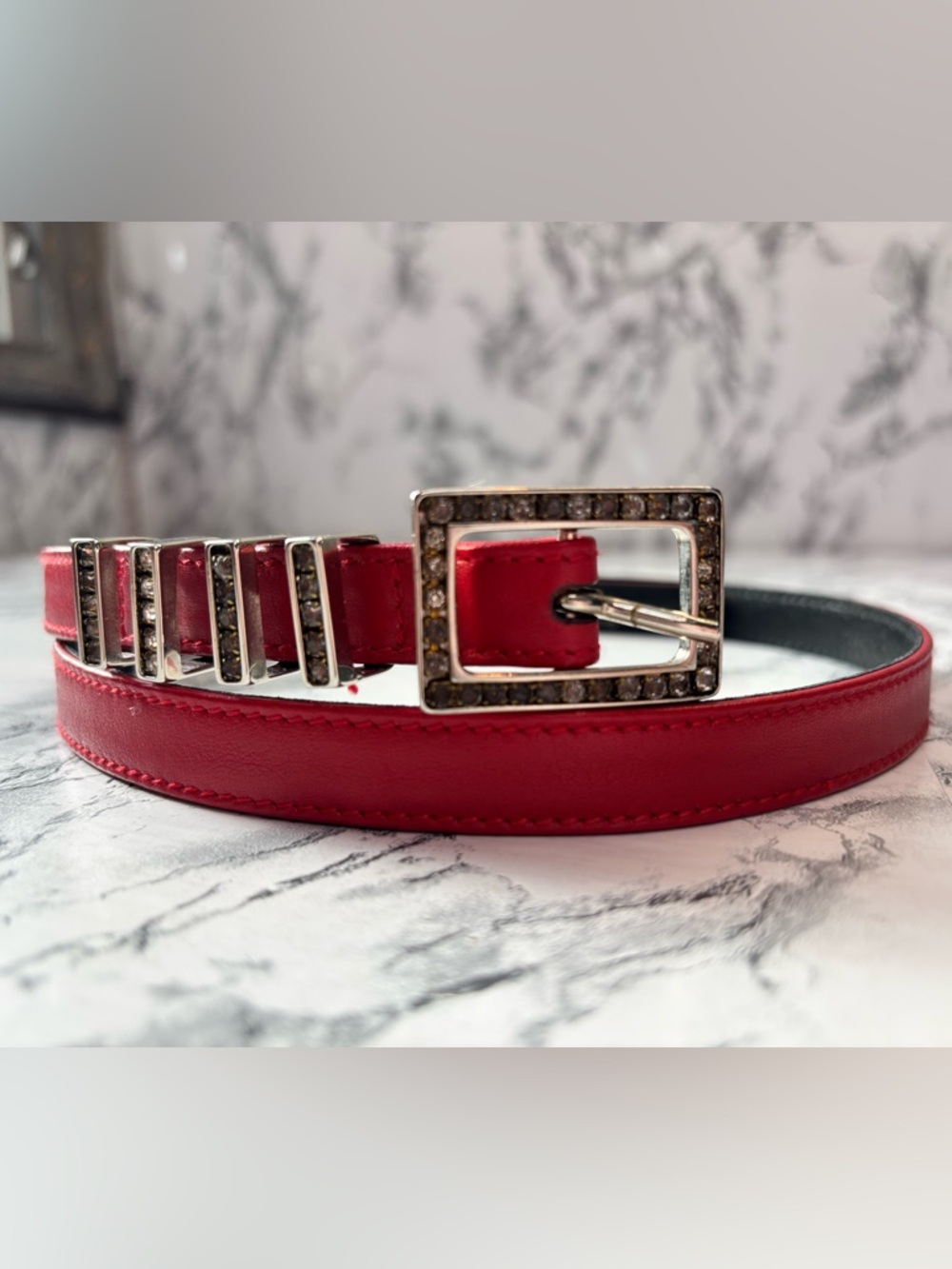 Versace Vintage Red Leather Belt Crystal-Embellished Western Buckle